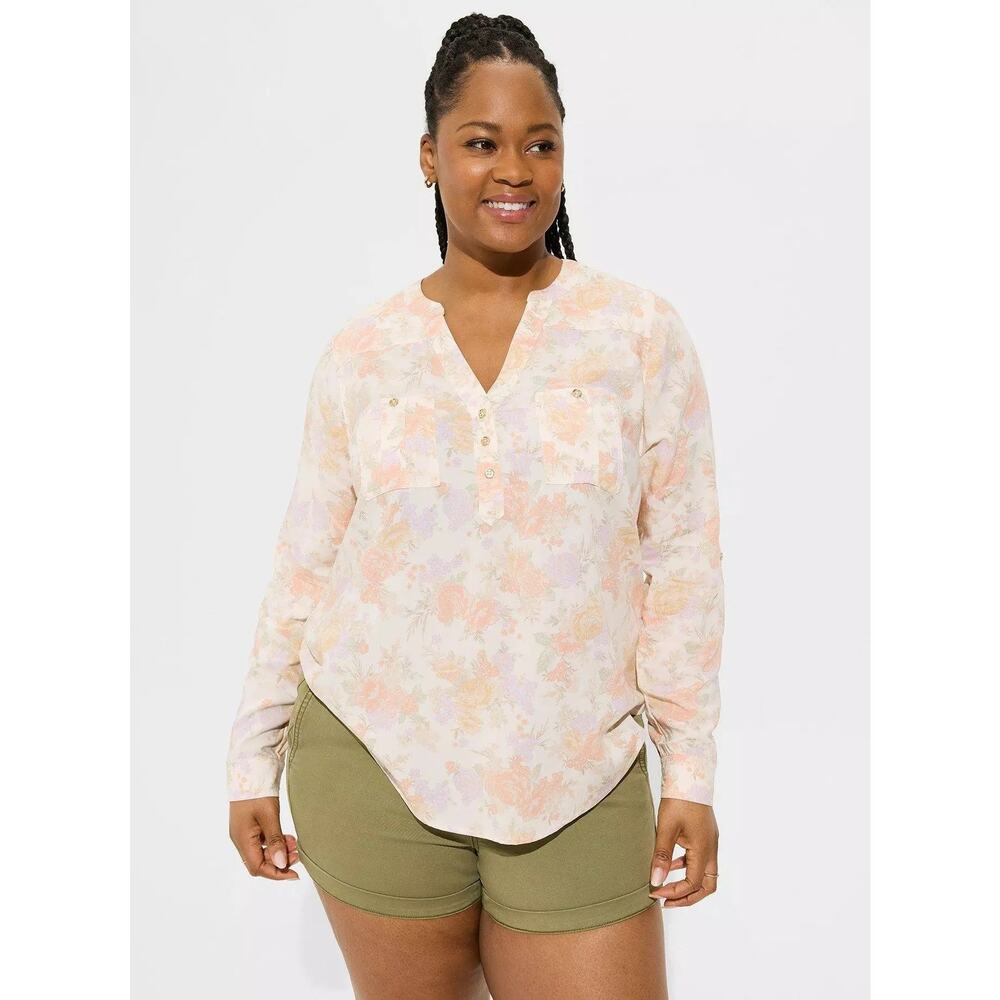 Torrid Harper Challis Long Sleeve Floral Blouse Lyocell Peach Pink Purple 3X